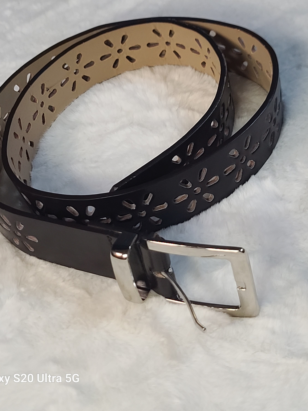 Source Unknown Black Floral Cutout Leather Belt with Silver Buckle